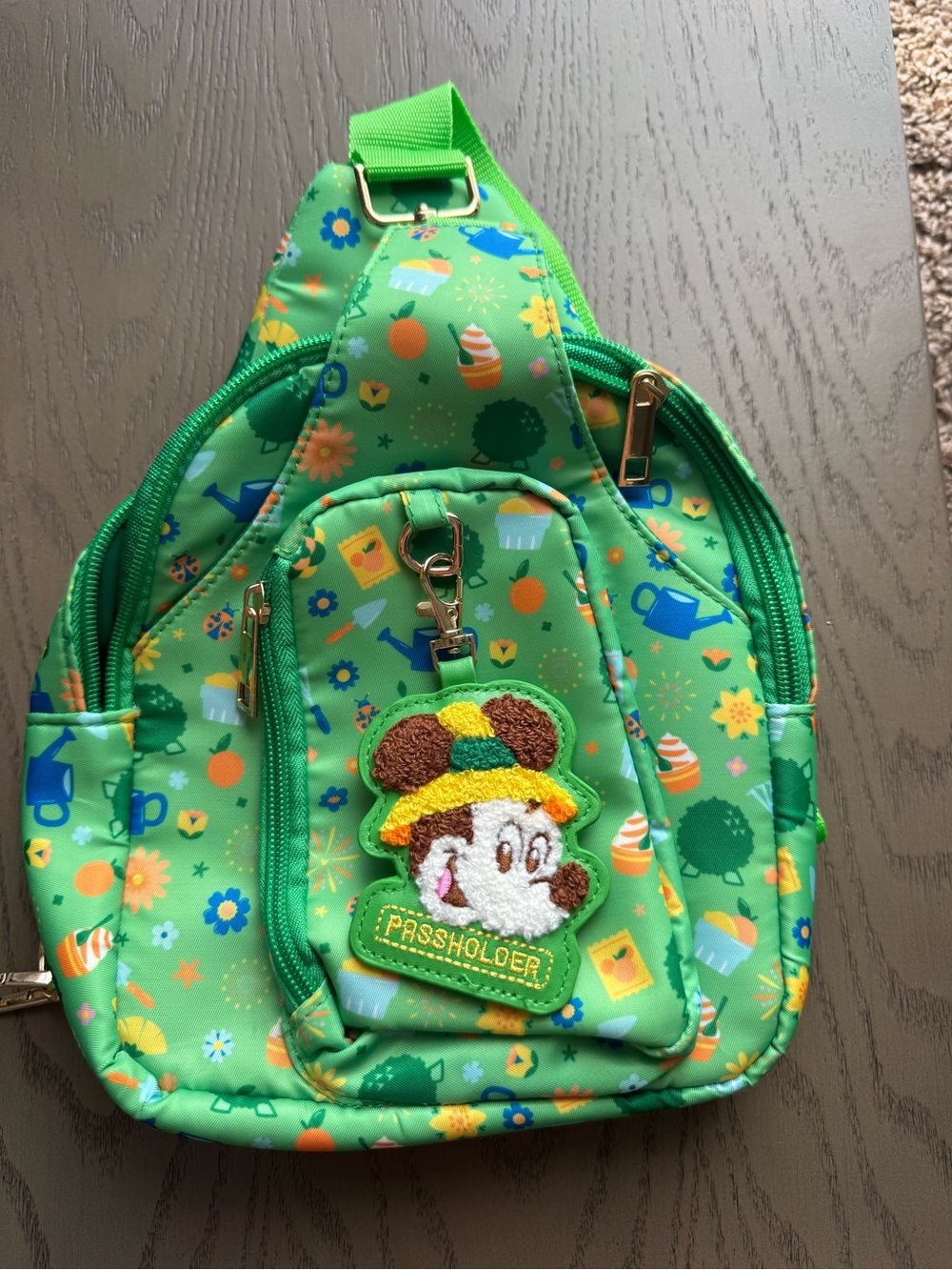 Green Floral Pattern Crossbody Bag with Character Patch